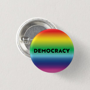 Democracy black text rainbow gradient lgbt pride 1 inch round button