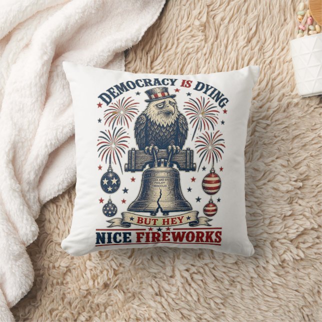 Democracy Dying Eagle Liberty Bell Fireworks  Throw Pillow (Blanket)