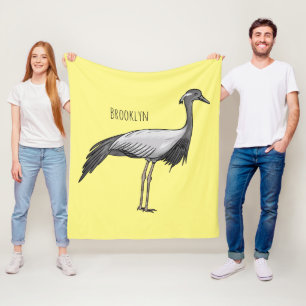 Demoiselle crane bird cartoon illustration  fleece blanket