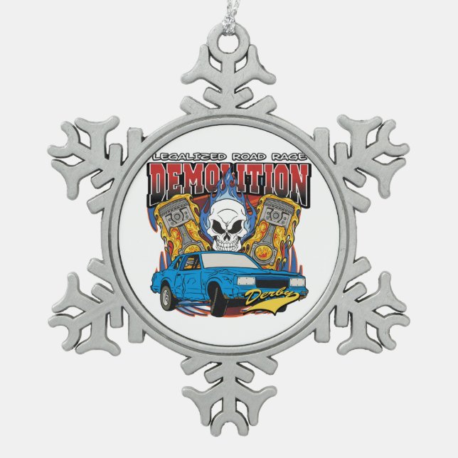 Demolition Derby Snowflake Pewter Christmas Ornament (Front)