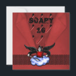Demon Hunter Goth Red Scary 16th Birthday Invitation<br><div class="desc">Crimson red metal look with a parched folded paper overlay and a chain mail band with a black winged demon hunter on a cloud complete with a sword. Perfect for a teens 16th birthday.</div>