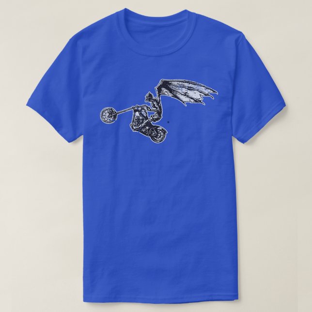 Demon Skeleton Biker with Wings, Poppin' a Wheelie T-Shirt (Design Front)