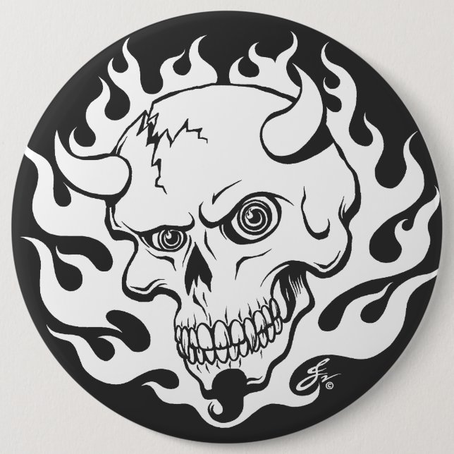 Demon Skull in Flames 6 Inch Round Button (Front)