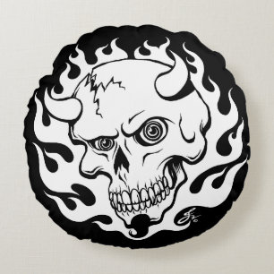 Demon Skull in Flames Round Pillow