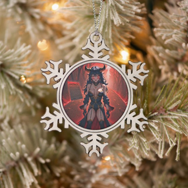 Demoness with Contact at Crossroads, Anime Demon Snowflake Pewter Christmas Ornament (Tree)