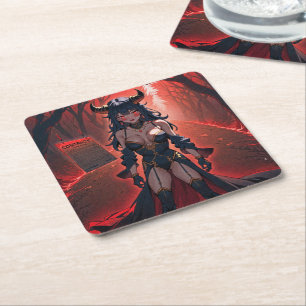 Demoness with Contact at Crossroads, Anime Demon Square Paper Coaster