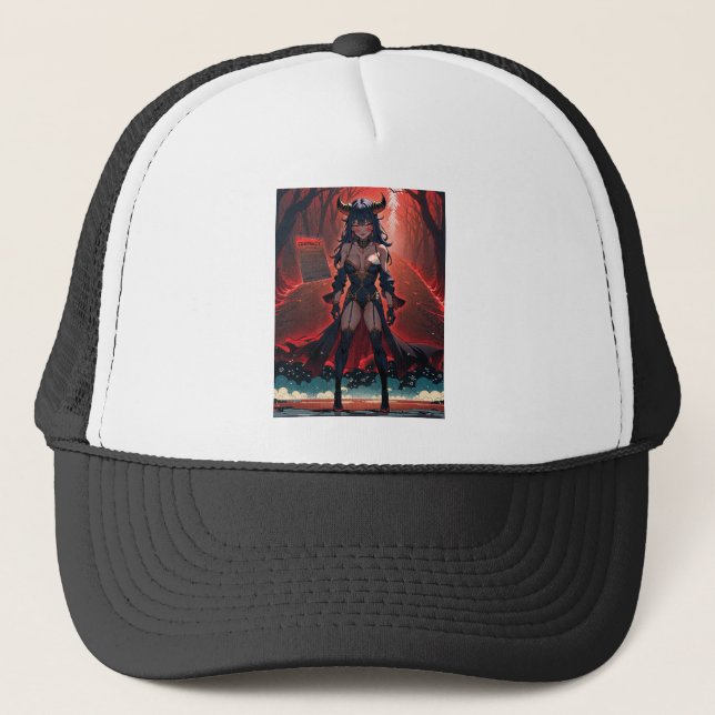 Demoness with Contact at Crossroads, Anime Demon Trucker Hat (Front)