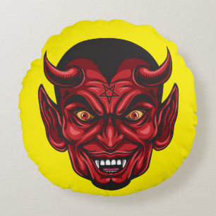 Demonic Red Horned Face Round Pillow