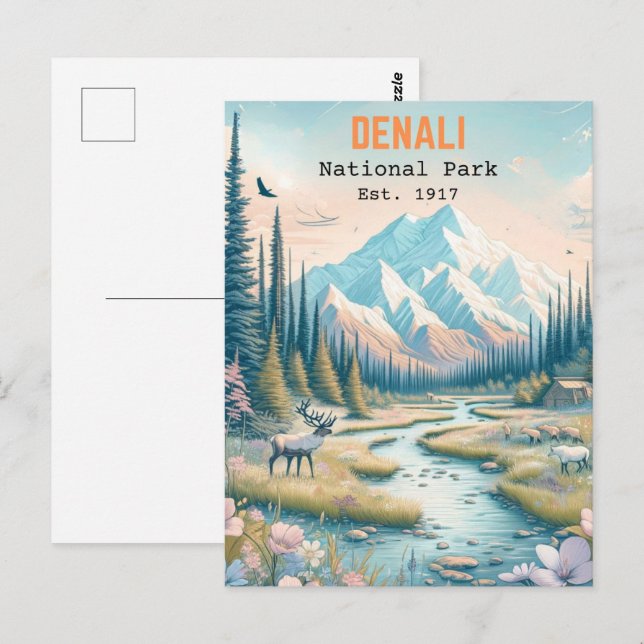 Denali National Park Alaska Mount Hand drawn Postcard (Front/Back)