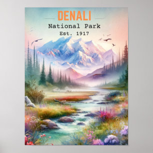 Denali National Park Alaska Mount watercolor Poster