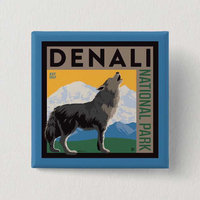 Denali National Park | Howling Wolf 2 Inch Square Button (Front)