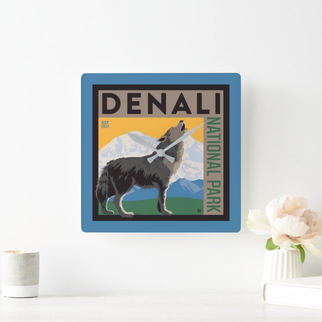 Denali National Park | Howling Wolf Square Wall Clock (Home)