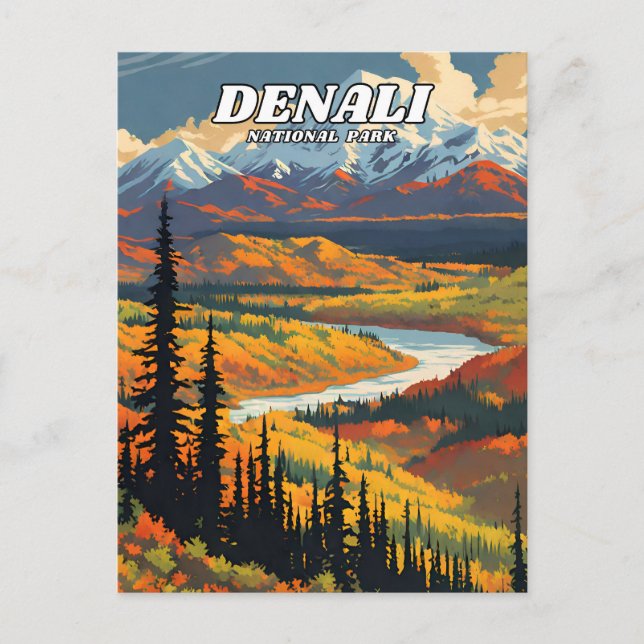 Denali National Park illustration retro Decorative Postcard (Front)