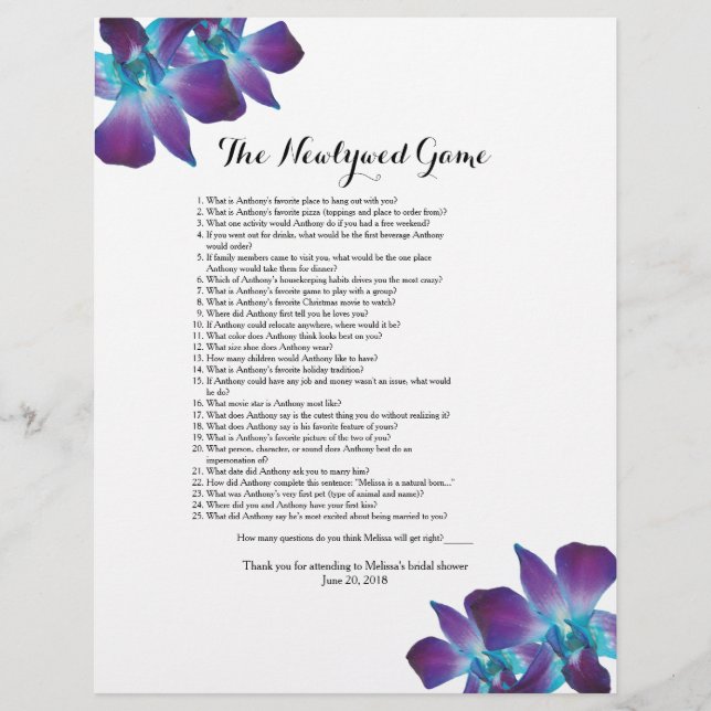 Dendrobium Orchid Newlywed Bridal Shower Game (Front)