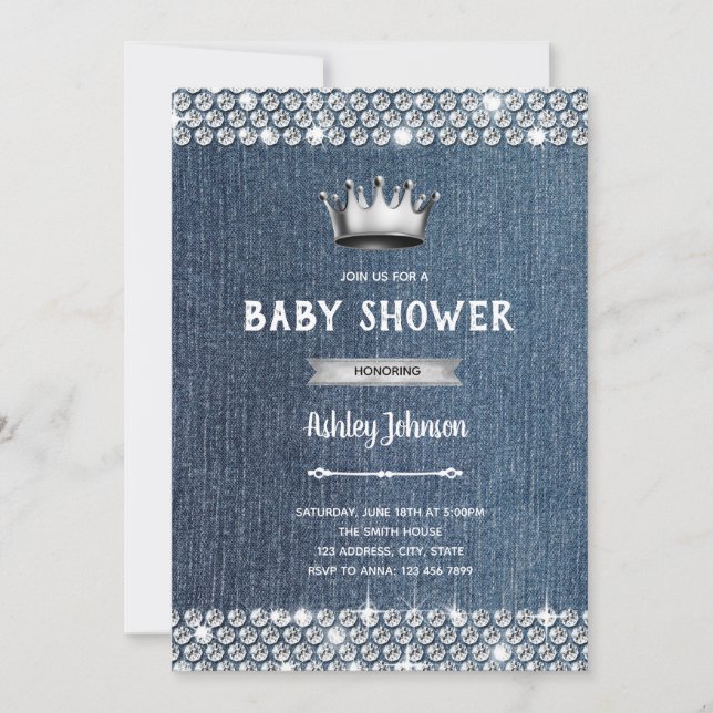 Denim and diamond baby shower theme invitation (Front)