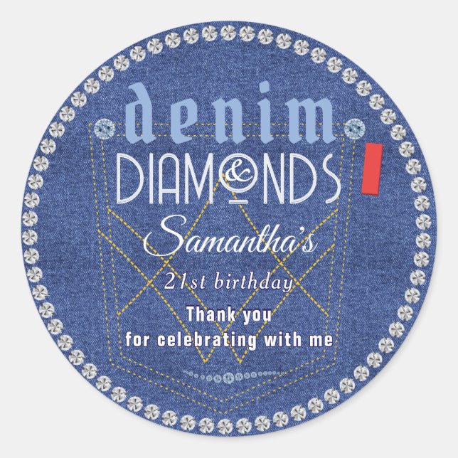 Denim and Diamonds Birthday Party Classic Round Sticker (Front)
