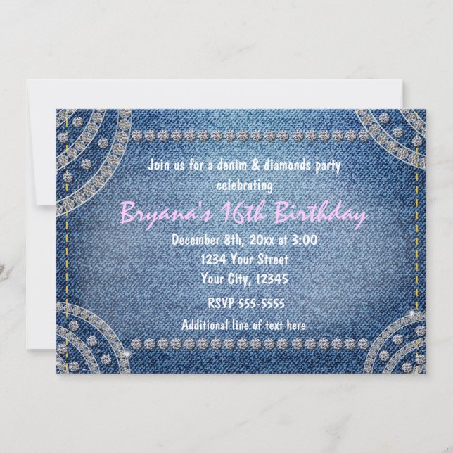Denim and Diamonds Birthday Party Invitations (Front)