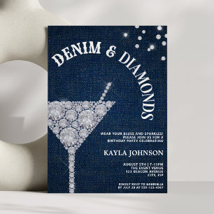 Denim and Diamonds Elegant Blue Jeans Birthday Invitation