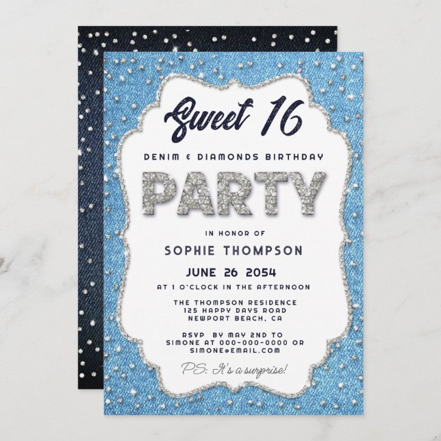 Denim and Diamonds Glitter Frame Sweet 16 Party Invitation (Front/Back)