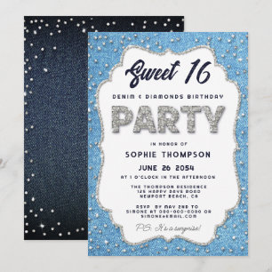 Denim and Diamonds Glitter Frame Sweet 16 Party Invitation