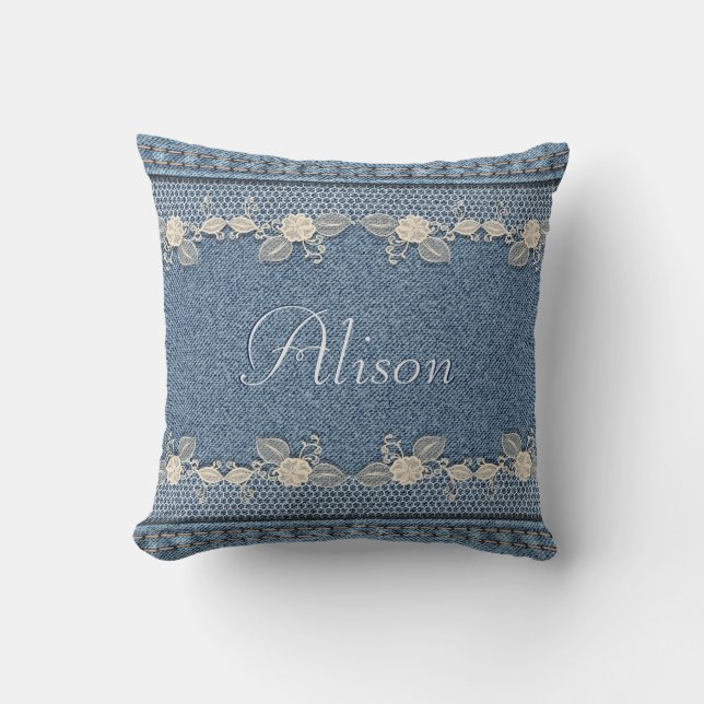 Denim and Lace - Personalize Throw Pillow (Front)