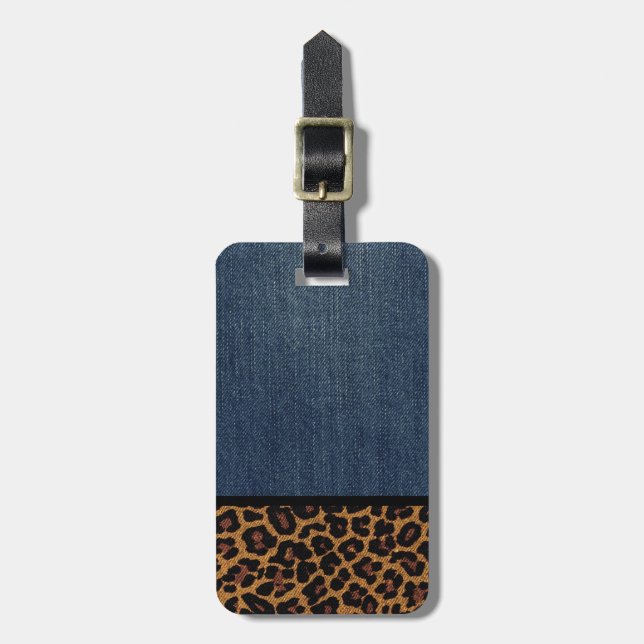 Denim and Leopard Luggage Tag (Front Vertical)