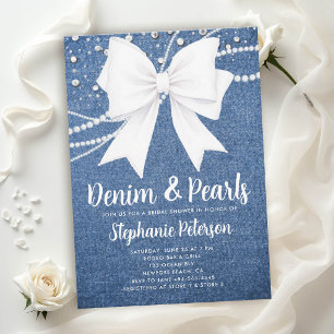 Denim and Pearls White Bow Blue Chic Bridal Shower Invitation