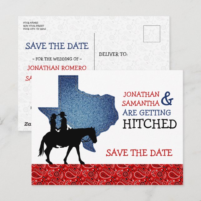 Denim and Red Bandana Texas Save the Date Postcard (Front/Back)