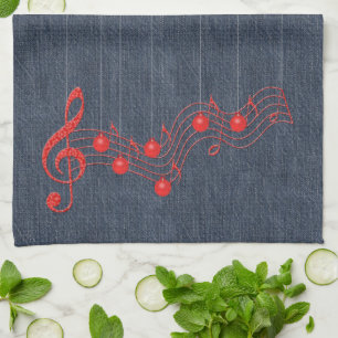 Denim and Red Lace Music Kitchen Towel