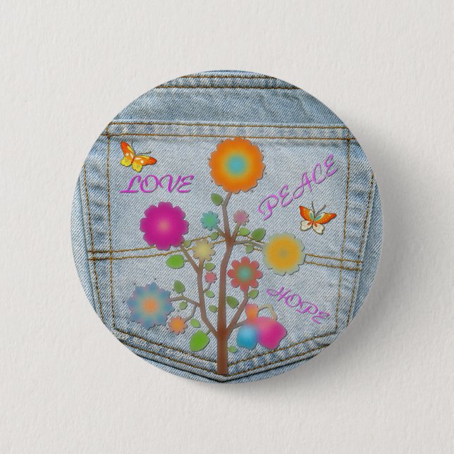 Denim Back Pocket Flowers Peace Love Hope 2 Inch Round Button (Front)