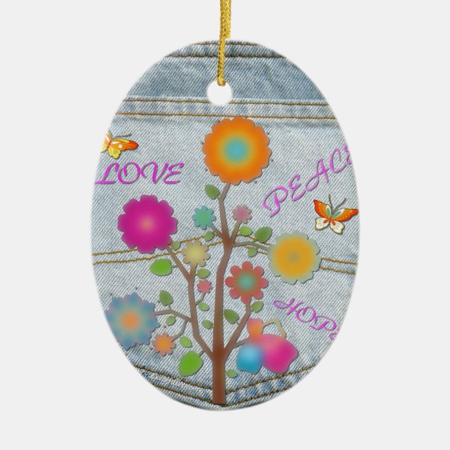 Denim Back Pocket Flowers Peace Love Hope Ceramic Ornament (Front)