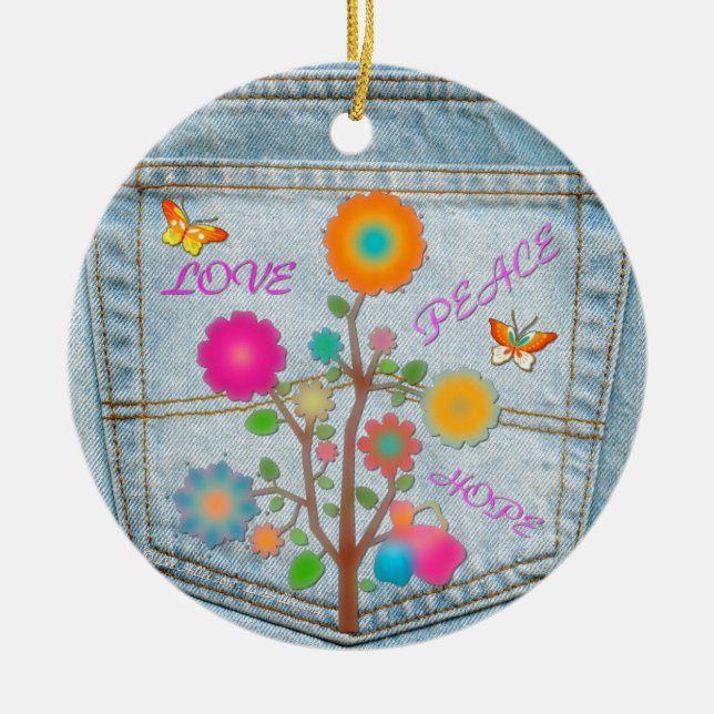 Denim Back Pocket Flowers Peace Love Hope Ceramic Ornament (Front)