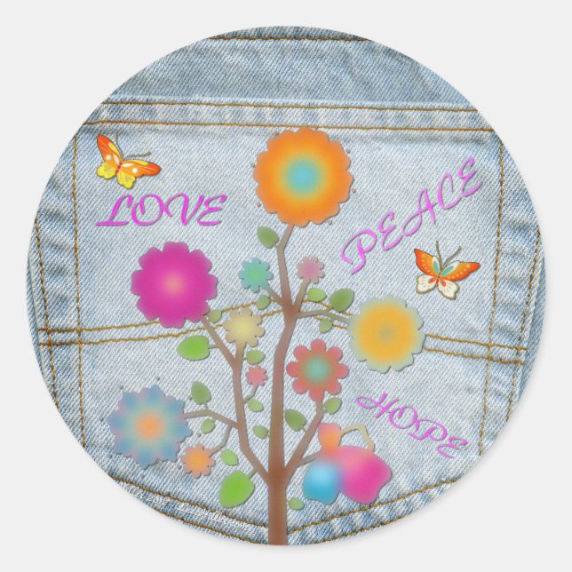 Denim Back Pocket Flowers Peace Love Hope Classic Round Sticker (Front)