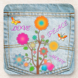 Denim Back Pocket Flowers Peace Love Hope Coaster