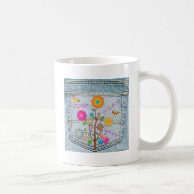 Denim Back Pocket Flowers Peace Love Hope Coffee Mug (Right)