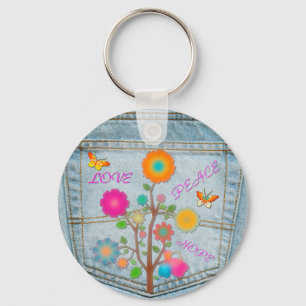 Denim Back Pocket Flowers Peace Love Hope Keychain