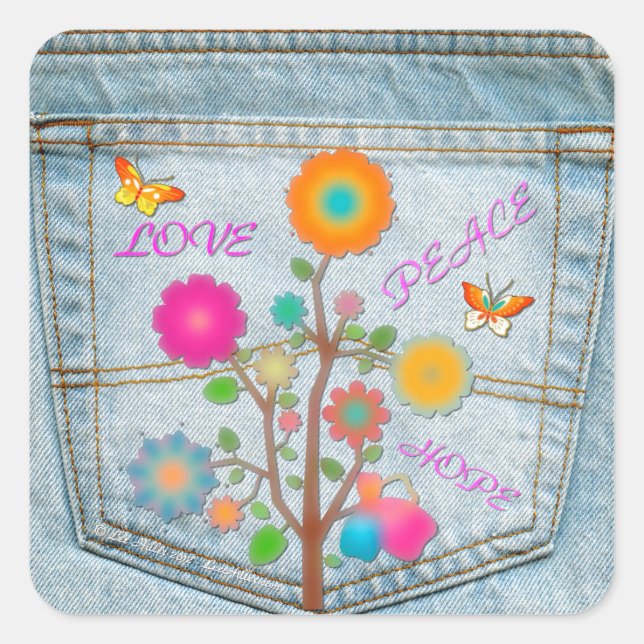 Denim Back Pocket Flowers Peace Love Hope Square Sticker (Front)