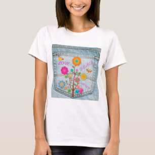 Denim Back Pocket Flowers Peace Love Hope T-Shirt
