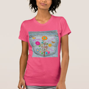 Denim Back Pocket Flowers Peace Love Hope T-Shirt