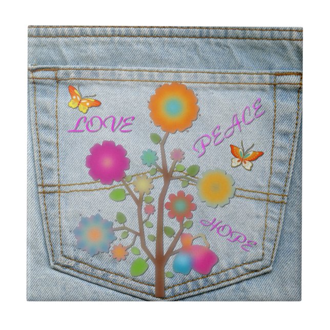 Denim Back Pocket Flowers Peace Love Hope Tile (Front)