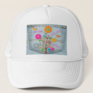 Denim Back Pocket Flowers Peace Love Hope Trucker Hat