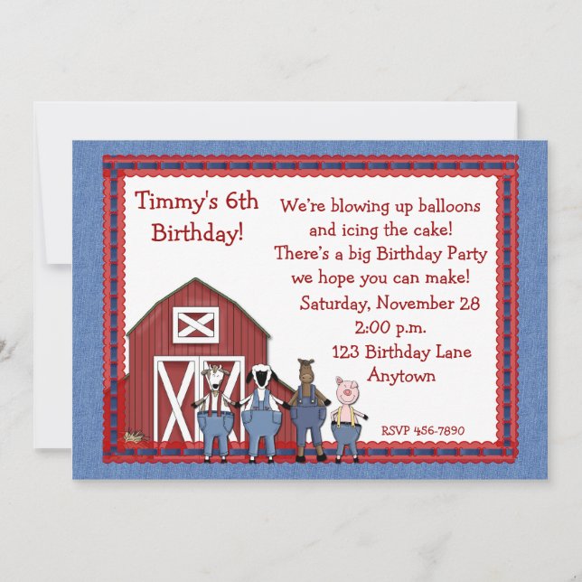 Denim Barnyard Birthday Buddies Invitation (Front)