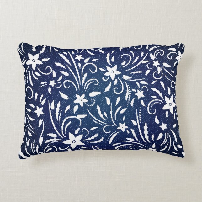 Denim Blooms: Floral Pattern Background Accent Pillow (Front)