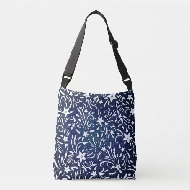 Denim Blooms: Floral Pattern Background Crossbody Bag (Front)