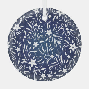 Denim Blooms: Floral Pattern Background Glass Ornament