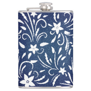 Denim Blooms: Floral Pattern Background Hip Flask