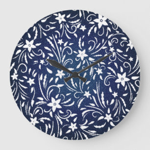 Denim Blooms: Floral Pattern Background Large Clock