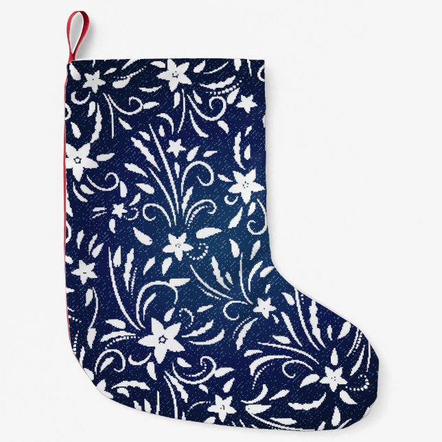 Denim Blooms: Floral Pattern Background Small Christmas Stocking (Front)