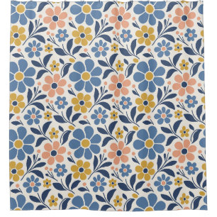 Denim Blue and Peach 70s Boho Floral