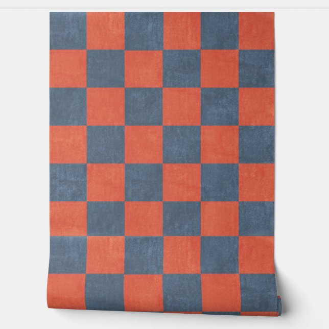 Denim Blue and Red Square Check Retro Style Wallpaper (Unrolling)
